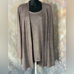 Susan Graver Foil Knit Cardigan and Tank Set Metallic  Pink Rose Gold Size XL